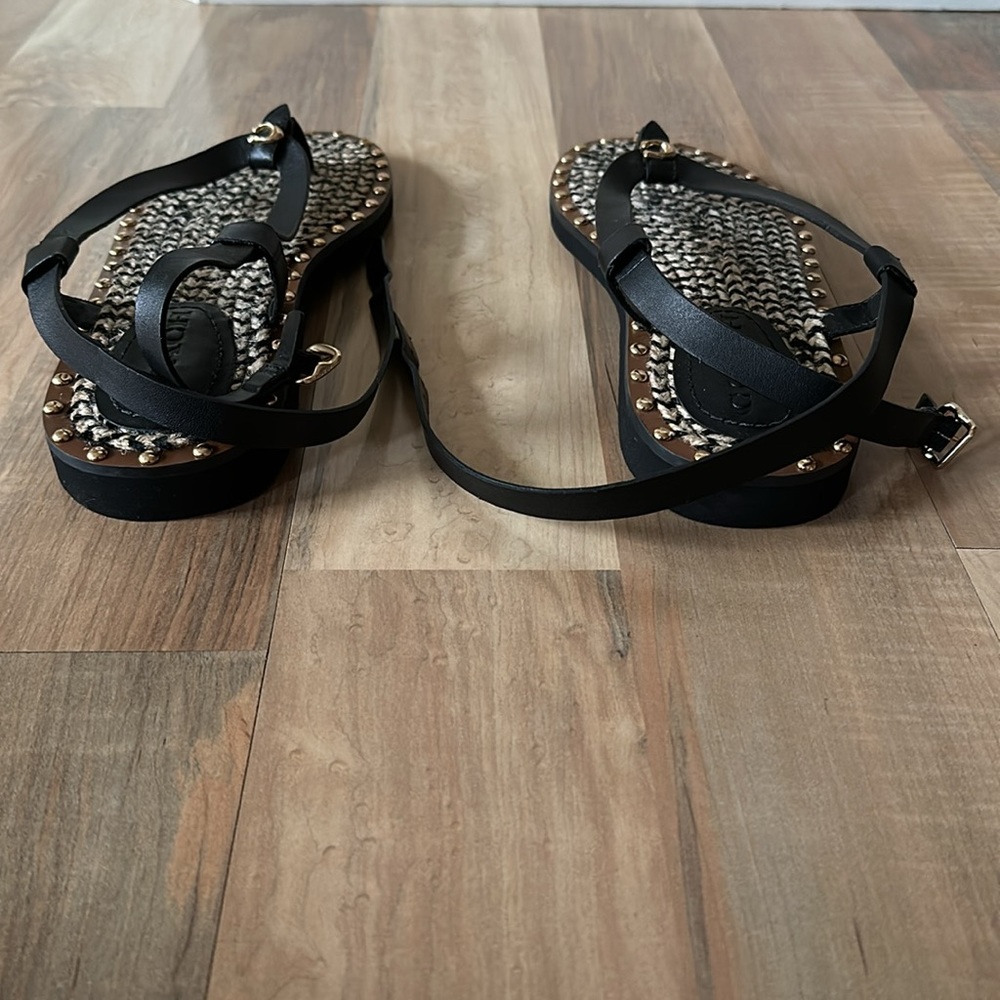 Coach Gracey thong Sandal black Editor's Notes ankle-wrap gold studs woven jute - Picture 8 of 10